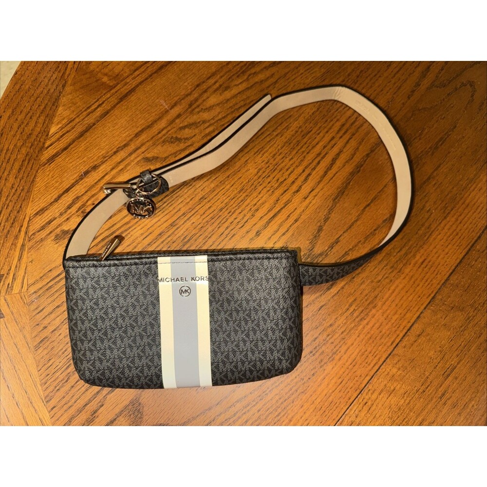 MICHAEL KORS Belt Bag Fanny Pack Size L/XL Gray Tan Logo Faux Leather NWOT